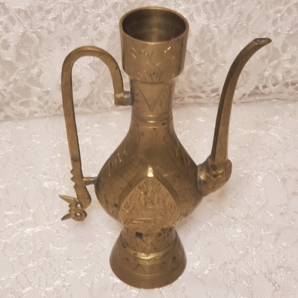 Brass Pitcher Vase Ornate Petinaed Ornate Oil Annointing Dragon Floral Etched